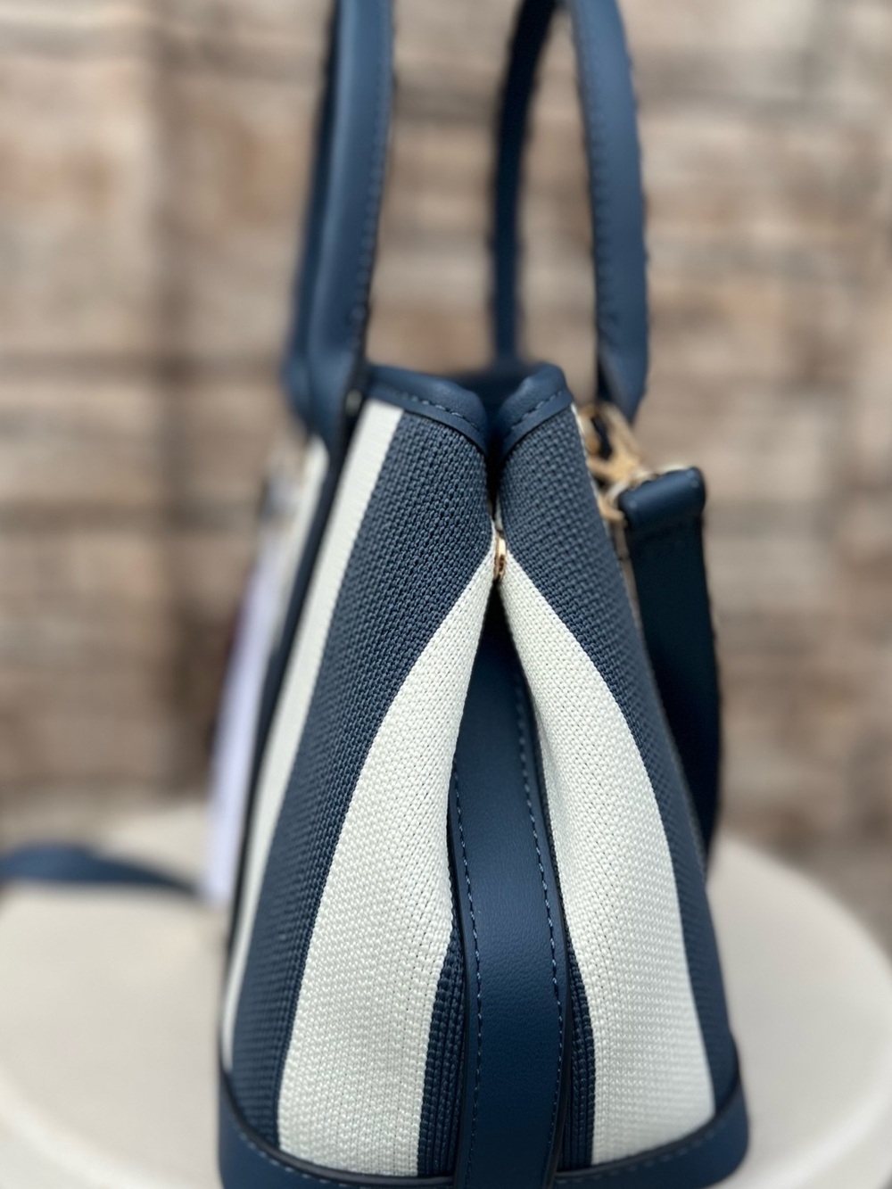 Nanette Lepore Navy & Cream Striped Satchel with Gold Accents - Picture 4 of 7